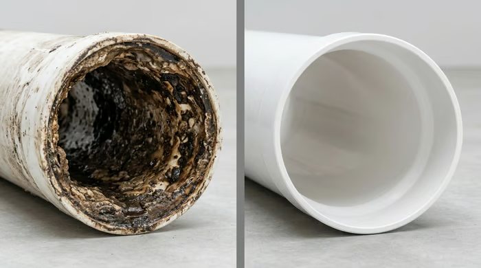Cross-section of a heavily scaled drain pipe beside a clean one