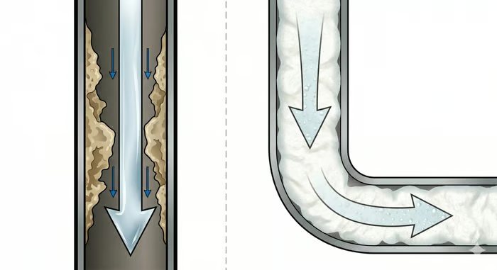 Diagram of restricted flow through a scaled pipe beside clear flow through a clean pipe