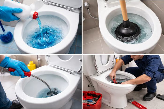 Four photographs of conventional toilet cleaning: liquid cleaner, a plunger, an auger and a plumber at work