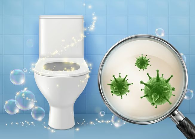 Illustration of a toilet with a magnifier showing bacteria