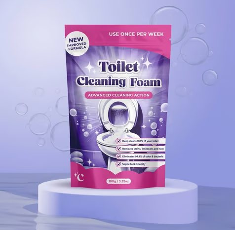 A pouch of foaming toilet cleaning powder